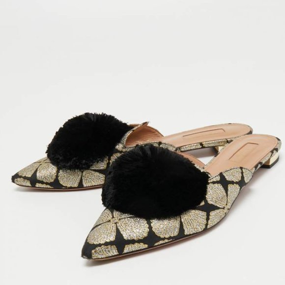 Aquazzura Powder Puff Pom-Pom Mule Flats in Black Suede ref  AQUAZZURA Pom Pom Flat Mules